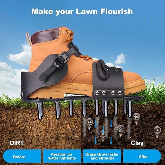 Lawn Aerator Shoes for Grass, Aerator Shoes with Adjustable Loop Strap, Grass Aerator Shoes with 26 Stainless Steel Nails, Aeration Shoes for Lawn Soil Aeration for Patios, Gardens (Light Black)