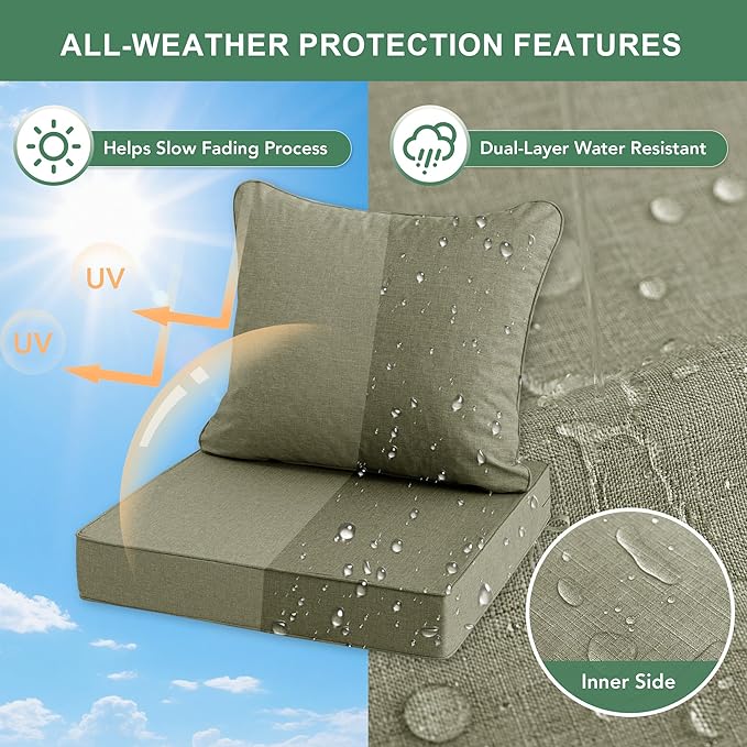 Summsun Water Resistant Outdoor Chair Cushions, Faux Linen Backrest and Deep Seat Cushion Set with Ties, Removable Cover, Non-Slip Bottom for Patio Furniture, 22 x 22 Inch, Mocca Green