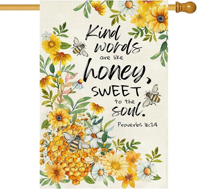 Baccessor Summer Bee House Flag 28x40 Inch Double Sided Burlap, Kind Word Honey Sweet Yellow Floral Flowers Holiday Porch Patio Outdoor Outside Decoration