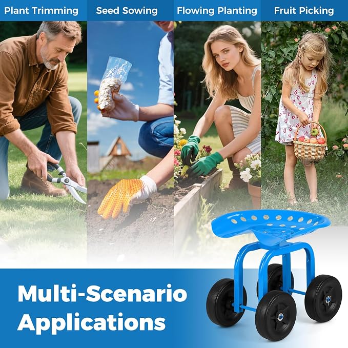 Rolling Garden Seat, Garden Cart with 360° Swivel Work Seat & Adjustable Height, Heavy Duty Garden Seat with Wheels for Lawn Yard Patio Greenhouse Planting Cleaning (Blue)