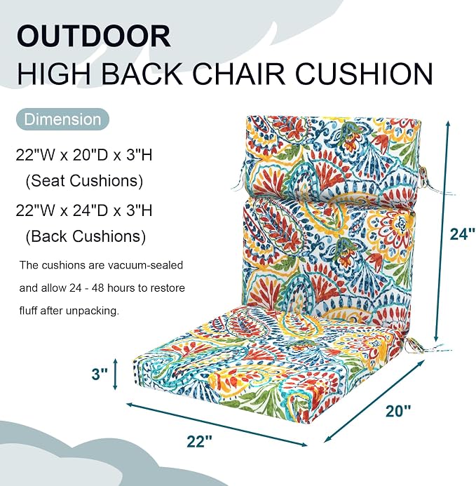 DYTXIII Outdoor High Back Chair Cushions Set of 2, 44"x22" Water Repellent Patio Seat Cushions with Elastic Sponge, All Weather Chair Pads for Rocking, Dining Chairs, Patio Furniture - Paisley Multi