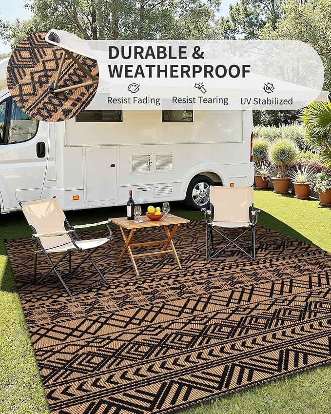 MontVoo-Outdoor Rug Carpet Waterproof 5x8 ft Reversible Patio Rug RV Camping Rugs Plastic Straw Outside Indoor Outdoor Area Rugs for Patio Deck Balcony Picnic Beach Outdoor Decor Boho Black Brown