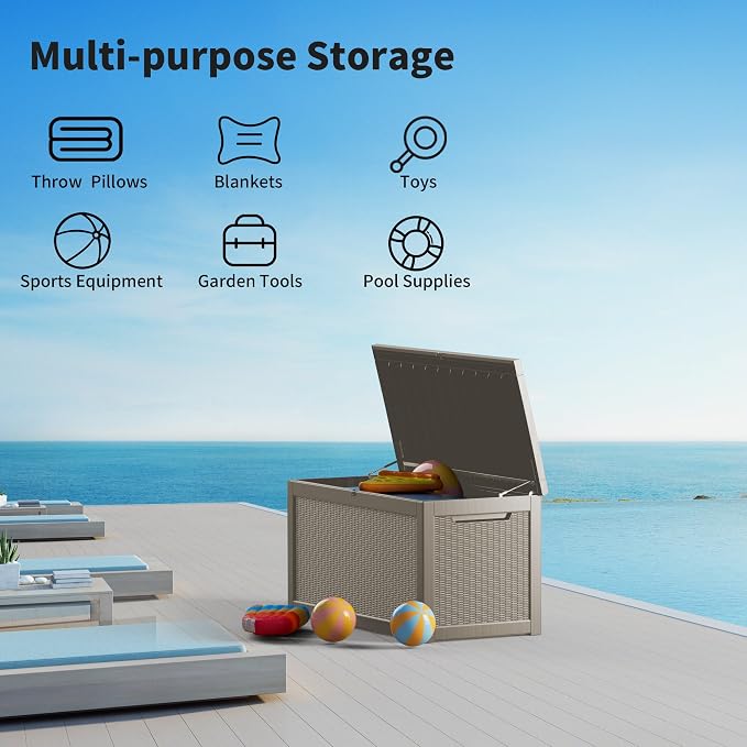 320 Gallon Outdoor Storage Box, Waterproof Resin Deck Box with Lockable Lid Large Storage Bin for Patio Furniture Cushion, Garden Tools, Pool Accessories UV-Resistant Outside Delivery, Gray