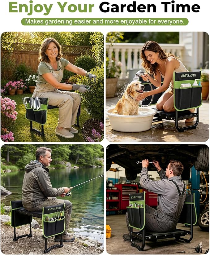 Garden Stool & Kneeler 7-Piece Set with 3 Aluminum Tools, Double-Layer Tote Bag & 2 Side Pouches - Foldable Gardening Bench Kit - Ideal Gifts for Women Mom Seniors (Light Green)