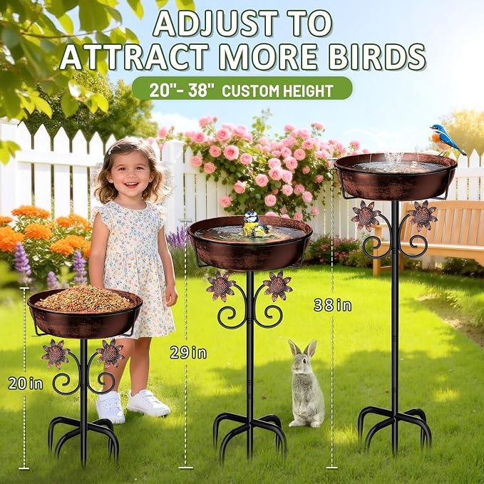 3" Deep Metal Bird Bath for Outside, Removable 12" Dia Vintage Bird Baths Bowl for Outdoors with Stable 5-Prong Stake, 37" H Freestanding Birdbath for Garden Patio Yard Lawn (Brush Bronze)