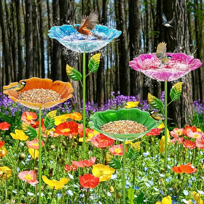 4 Pack Bird Baths for Outdoors, Colorful Metal Bird Bath for Outside, Hummingbird Bath with Five Stakes, Garden Flower Small Birdbath for Garden Decor (Red,Yellow,Blue,Green)