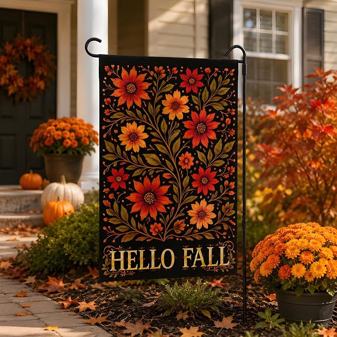 Fall Decor - Hello Fall Floral Garden Flag | Thanksgiving Party Favors Supplies Decorations - Double-Side Autumn Decor for Outdoor Indoor Outside - Friendsgiving Banner for Garden Porch Patio Lawn Yard