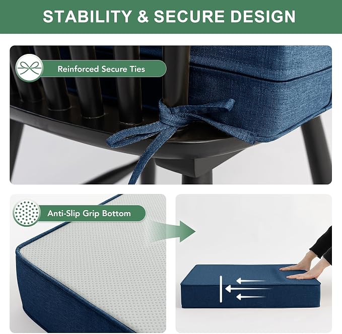 Summsun Outdoor Chair Cushions, Faux Linen Backrest and Deep Seat Cushion Set for Patio Furniture with Weather Resistant Removable Cover, Ties, Non-Slip Bottom, 24 x 24 Inch, Navy, Set of 2