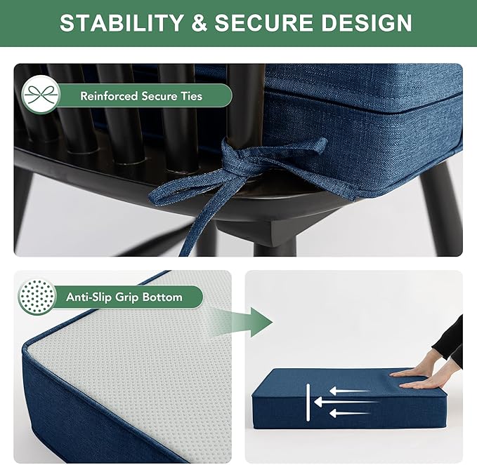 Summsun Outdoor Chair Cushions, Faux Linen Backrest and Seat Cushion Set for Patio Furniture with Weather Resistant Removable Cover, Straps, Non-Slip Bottom, 19 x 19 Inch, Navy, Set of 2
