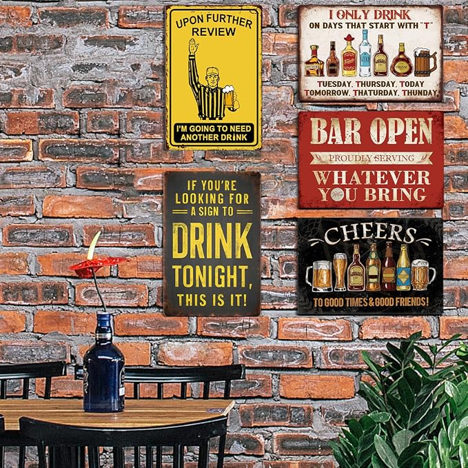 Vintage Metal Sign, Metal Wall Art, Funny Bar Signs, Motivational Positive Affirmations Wall Decor, Funny Tin Signs for Home Office School Gym & Locker Room 8x12 Inch (5-Pack Metal Bar Signs)