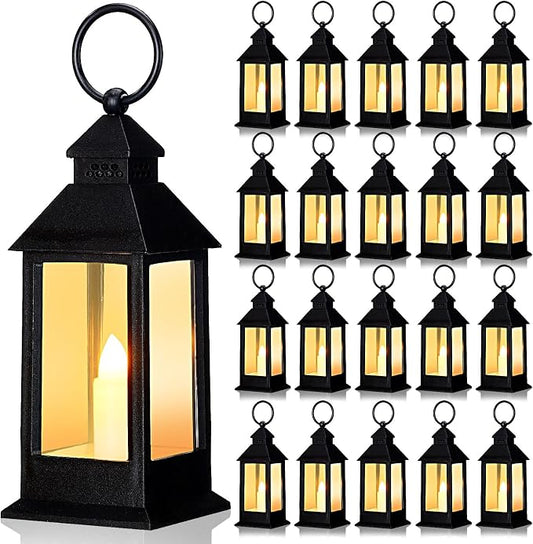 Hoolerry 24 Set 5.5'' Mini Lanterns with LED Candle for Wedding Centerpiece Vintage Decorative Hanging Small Lantern Battery Powered for Halloween Wedding Table Centerpiece(Black)