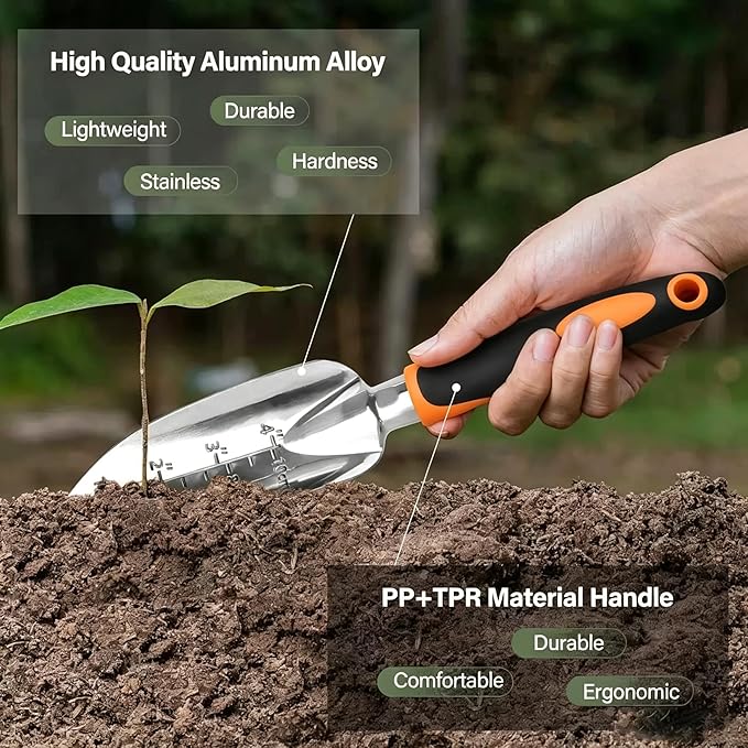Stainless Steel Garden Tool Set，3 Pieces, Including Hand Shovel & Transplant Shovel & Hand Rake with Non-Slip Soft Ergonomic Handle (Orange)