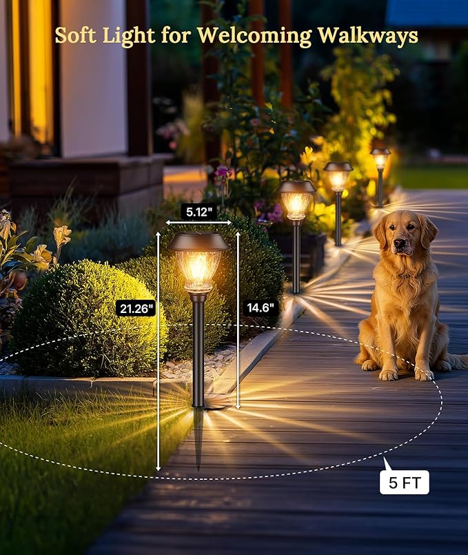 XMCOSY+ Solar Pathway Lights Outdoor, 6 Pack Decorative Crackled Glass Garden Lights, Soft Warm White Glow, Auto On/Off LED Waterproof Landscape Lighting for Yard Walkway Patio