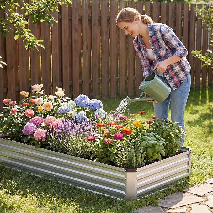 DUMOS Galvanized Raised Garden Bed Outdoor, 8x4x1ft Raised Metal Planter Box, Rust-Resistant Steel Garden Planter, Rectangular Gardening Flower Bed for Vegetables Flowers Herbs, Open Bottom