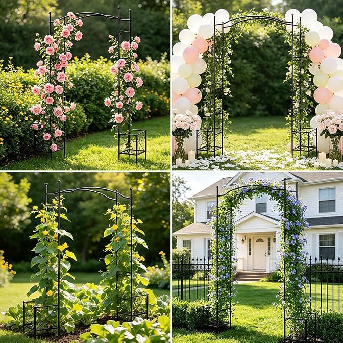 93" Garden Arched Arbor with Planters Outdoor Metal Garden Trellis Flat Top | Arch Trellises for Climbing Plants Vegetables Rose Vine Garden Archway for Backyard Patio Lawn Wedding Party Decoration