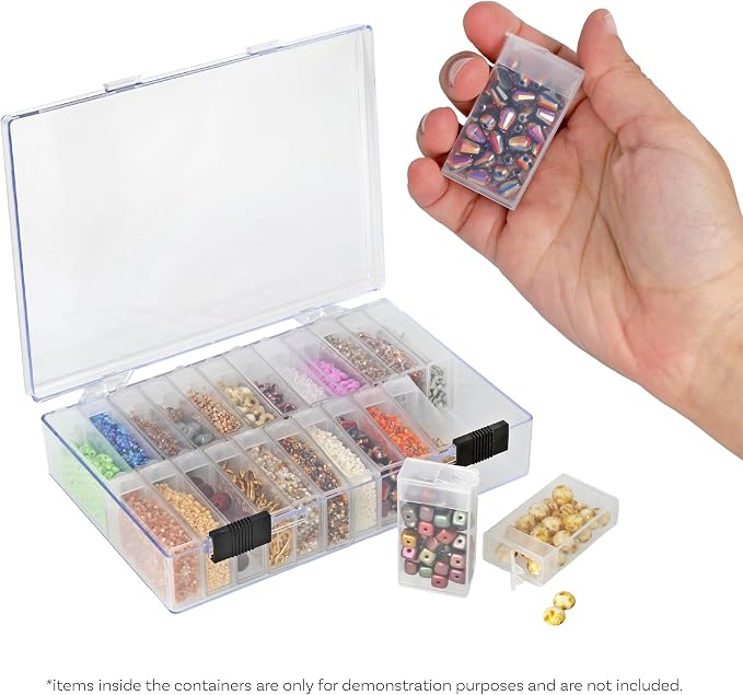 The Beadsmith Plastic Storage Box – 6.25″ L × 4.2″ W × 1.5″ H Clear Box w/ 24 Flip-Top Containers, Works for Storing Diamond Art Accessories, or as Nail Art or Craft Storage, or Other Small Parts