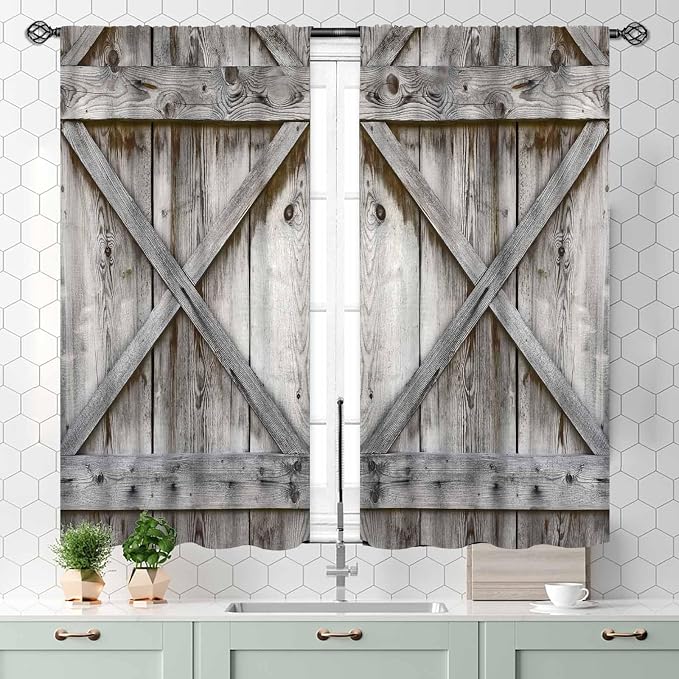 Rustic Wooden Curtains for Kitchen, Farmhouse Gray Barn Door Country Cottage Western Barnwood Garage Small Short Window Drapery Treatments for Living Room Bedroom Cafe, 55x39 Inch