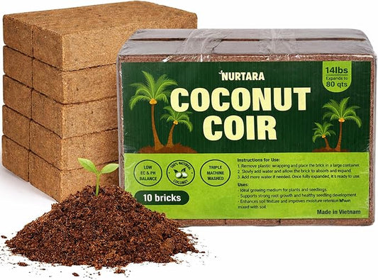 14 Lbs Bricks, Pack 10 Coconut Coir | 1.4 Lbs Each | Organic Compressed Cocopeat, Seed Starter Soil, Coconut Fiber for Reptile Terrarium, Potting Mix | Low EC, pH Balanced, Odor-Free