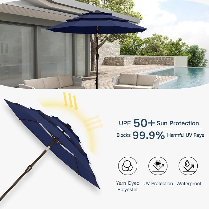 10FT Patio Umbrella 3 Tiers Outdoor Market Umbrella w/Push Button Tilt, Crank, UV and Waterproof Table Umbrella for Garden, Pool, Backyard, Deck, Lawn, Navy Blue