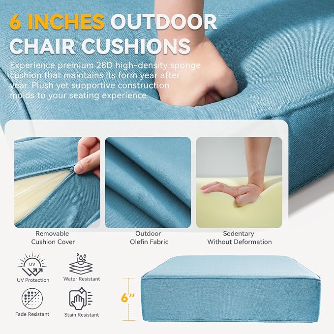 Outdoor Cushion Set for Furniture Patio Furniture, UV Resistant, Water Resistant - 6 Inch Thick Foam Garden Cushions– 24x24 Inch Patio Seat Covers for Chair/Sofa/Couch | Light Blue | 3-Pack |