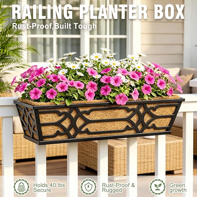 4 Pack 24 Inch Window Boxes Planters with PET Tray and Coco Liner, Metal Railing Planter Boxes for Outdoor Plants, Heavy Duty Hanging Garden Trough for Porch Deck Railing and Backyard Fence