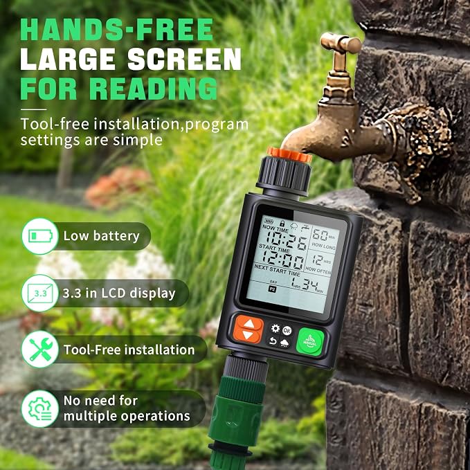 Sprinkler Timer for Garden Hose, Upgrade 10 Programmable Water Timer with Auto Rain Delay, IP54 Waterproof 3.3“ Large LCD Drip Irrigation System Timers for Plant, Yard, Lawns, Outdoor