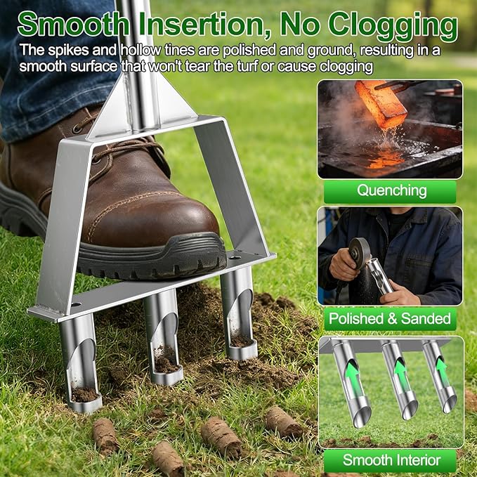 Lawn Core Aerator, Heavy-Dut Stainless Steel Lawn Plug Aerator Tool with 3 Hollow Tines, Triangular Welded Base, Semi-Assembled Grass Lawn Aerator for Lawn, Lawn Care Coring Soil Aerator
