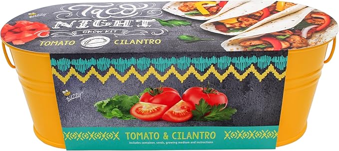 Buzzy Seeds Taco Night Grow Kit - Metal Windowsill Planter - Complete Indoor Gardening Kit with Seeds, Coconut Husk Growing Medium & Genuine Pots - 100% Grow Guarantee