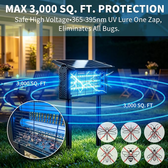 18W Solar Bug Zapper Outdoor | 9600mAh, 365–395nm UV, Dusk-Dawn Sensor, IPX5 Waterproof, 20ft Cord, Indoor & Outdoor for Home, Patio, Garden, Deck, Camping