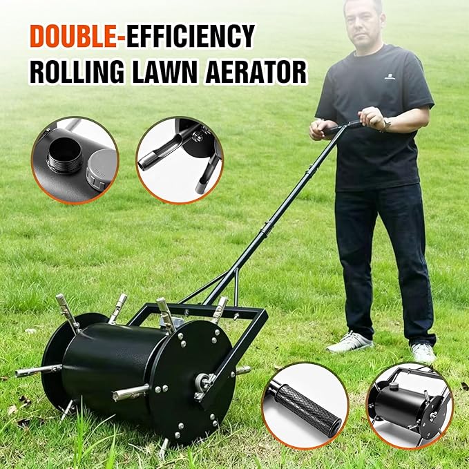 Double-Row Rolling Lawn Aerator, Manual Yard core-Removing Tool,Hollow Tine Lawn Aerator,Push-Type Rolling Rotary Aerator for compacted Garden Soil.
