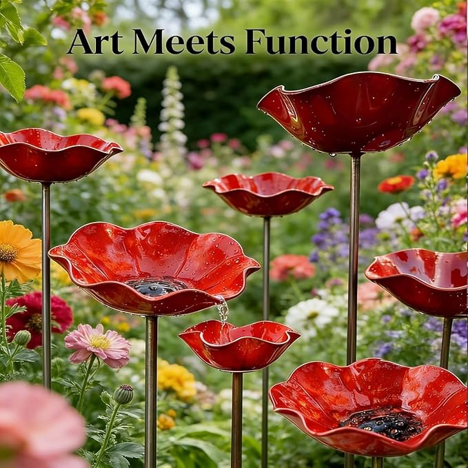 Metal Flower Garden Stakes Bird Bath Handmade, Bee Watering Station, Bees Bath for Garden Metal Bee Water Feeder with Flower Design, Colorful Butterfly Bees Bath Bowl for Outdoor Yard Decor