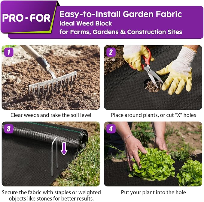 3FT x 100FT 3.2oz Heavy Duty Weed Barrier Landscape Fabric – Premium Woven Ground Cover for Gardening, Farming & Driveways, Breathable Weed Control Cloth with 10 U-Shaped Securing Pegs