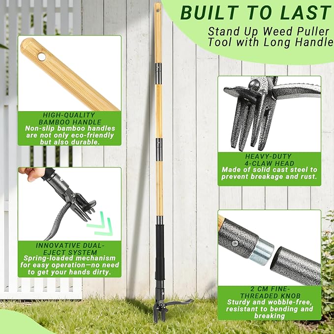 Weed Puller Tool, Heavy Duty Gardening Hand Tools with 4-Claw Steel Head & Dual-Eject Mechanism, 57.5" Bamboo Long Handle Stand Up Weeding Tool for Lawn Yard, Includes 16 Gallon Leaf Bag | 4-Claw Steel Head,Dual-Eject Mechanism,57.5" long handle