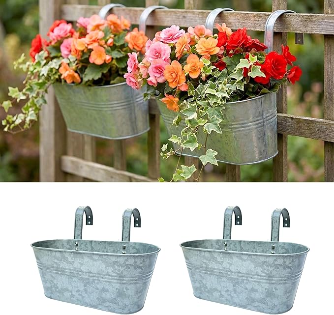 LaLaGreen Outdoor Rail Planter (11.2 Inch, 2 Pack) Silver Metal Iron Hanging Flower Pots Deck Railings Fence Buckets Modern Countryside Boho Style Wall Mount Window Box Plant Holder Hooks Porch Decor