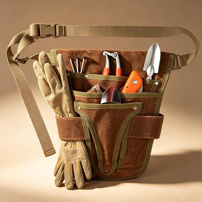 Gardening Tool Pouch for Waist, Hands-Free Canvas Tool Belt with 6 Pockets – Adjustable Waist Apron for Trowel, Pruner & Weeder (Gardening Tools NOT Included)-(Brown)