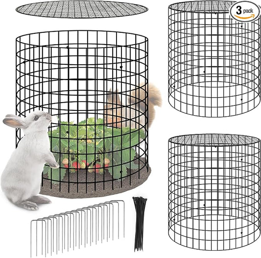 Hi Sasara 3 Sets Wire Plant Protectors Cage,11.8" Dia x 11.8" H,Metal Plant Protector Cage with Round Lids Plant Protector for Keep Rabbits Squirrels Animals Out,Garden Plant Protector with Staples