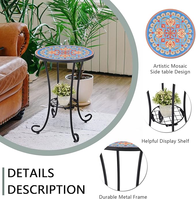 VCUTEKA Outdoor Side Table Mosaic Patio Table Accent Tables Mosaic Tile Top Metal Frame Small End Tables Porch Beach Patio Garden Balcony Blue 14''