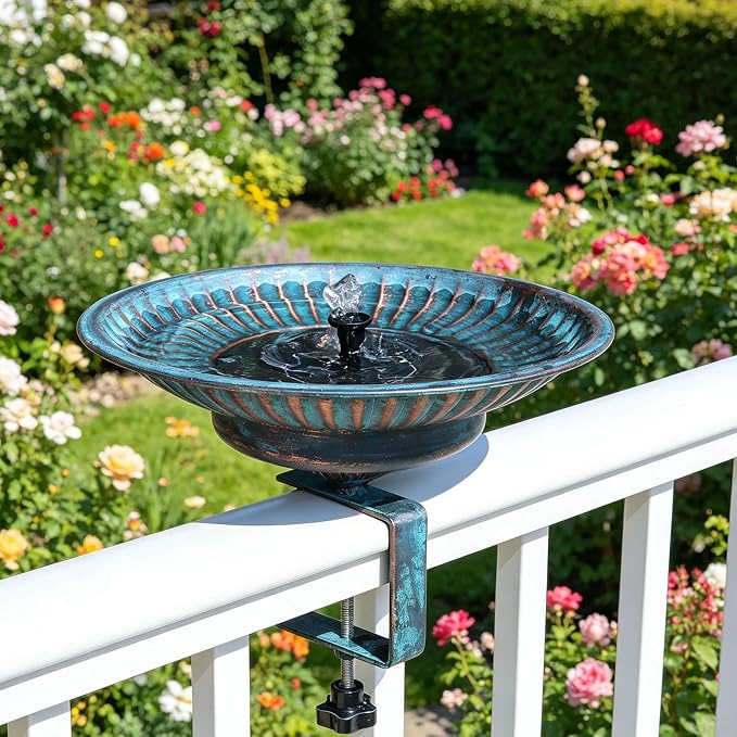 Solar Bird Bath,Deck Bird Bath with Solar Fountain,Metal Bird Bath Bubbler,Adjustable Sturdy Balcony Bird Bath,Patio Garden Decor