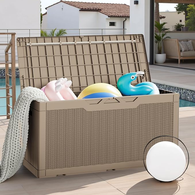 JUMMICO 100 Gallon Resin Deck Box, Waterproof Outdoor Storage Box with Lockable Lid for Garden Tools, Patio Cushions (Light Brown)