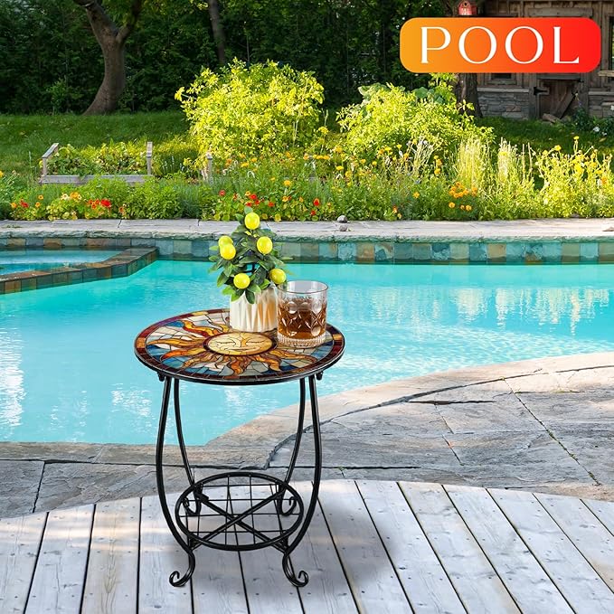 Cinnvoice Outdoor Side Table Round Small Mosaic Patio Accent Indoor End Plant Coffee Tea Table for Yard Patio Porch Garden Living Room, Bedroom(Sun Style,14 Inch)