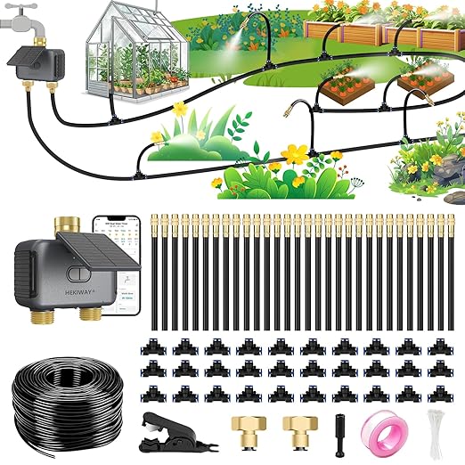 120FT Drip Irrigation System with WiFi Solar Water Timer, Automatic Garden Watering Kit with Dual Metal Tube Brass Connectors, 360° Adjustable Nozzles for Garden, Greenhouse & Lawn