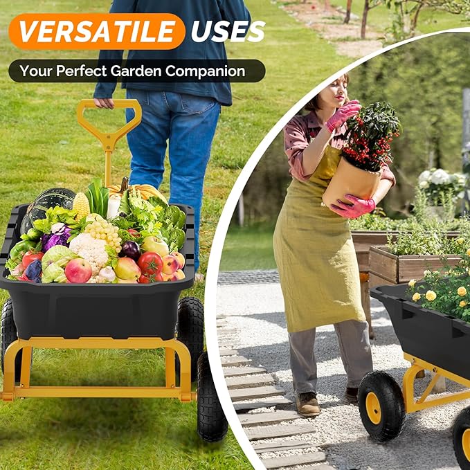 VINGLI Heavy Duty Dump Cart Wagon, 800LBS Quick-Release Dump Poly Wheelbarrow, 10in All-Terrain Pneumatic Tires Garden Wagon for Garden, Yard, Beach