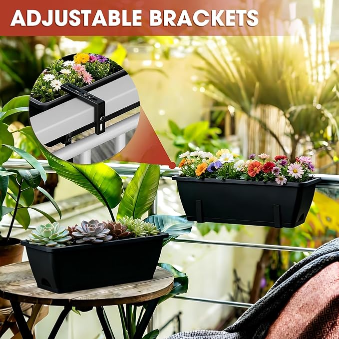 Balcony Planters Railing Hanging, Deck Railings Planter Boxes 16.9in, Railing Planter Box, Deck Planters for Railings, Railing Flower Box with Metal Brackets, Black (2Pcs)