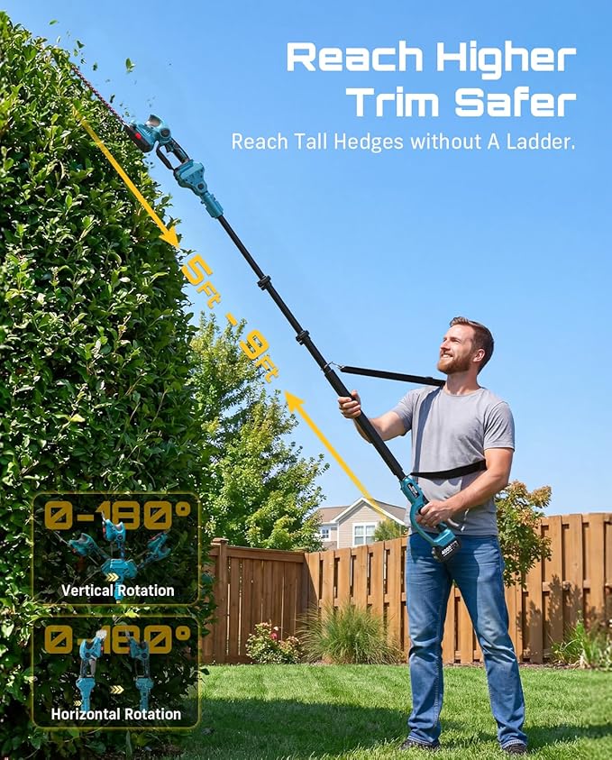 SEESII 4-in-1 Cordless Pole Hedge Trimmer: 20V 9-Ft Telescoping Shrub Trimmer & Grass Shear, 12" & 6'' Dual-Action SK5 Blades, 2 x 4.0Ah Batteries, Shoulder Strap for Tall Hedges & Lawn Edging