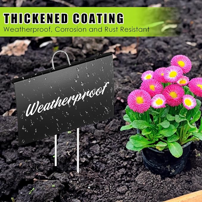 Landhoow 50 Pcs Large Garden Plant Markers Metal Plant Labels Sign 6'' x 4'' with 11'' Stake Weatherproof Waterproof Garden Sign for Outdoor Seedlings Herbs Vegetable Greenhouse, Black
