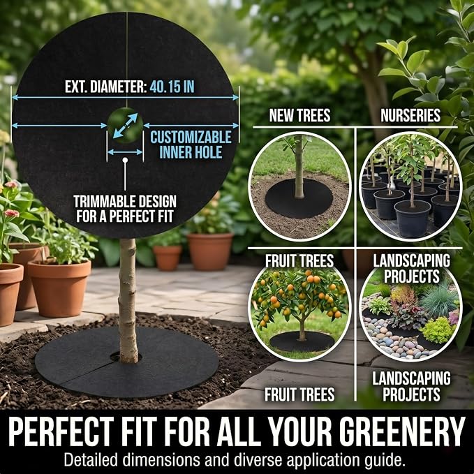 4 Pack 40.15 Inch Non-Woven Tree Mulch Ring - Degradable Tree Protector Mat, Biodegradable & Reusable Tree Mulching Ring for Landscaping, Weed Control, and Root Protection（Black）