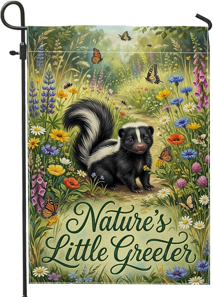Skunk Garden Flag, Nature Fanciful Butterfly Flowers Spring Green Burlap Double Sided Small Garden Yard Flag for Outdoor Patio Lawn Porch Entrance Campsite 12x18 Inch