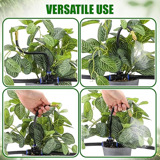 SiliFine 150 Pcs 98 ft 3/8" Greenhouse Drip Irrigation Kit with 40 Brass 360° Adjustable Nozzles and Faucet Adapter Install Adapters for Plants Lawns Gardens