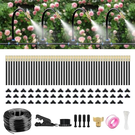 150FT Drip Irrigation System for Garden – Automatic Watering Kit with Solid Brass Metal Connectors, 360° Bendable Tubing &50 Adjustable Nozzles for Greenhouse, Lawn, Yard & Plants