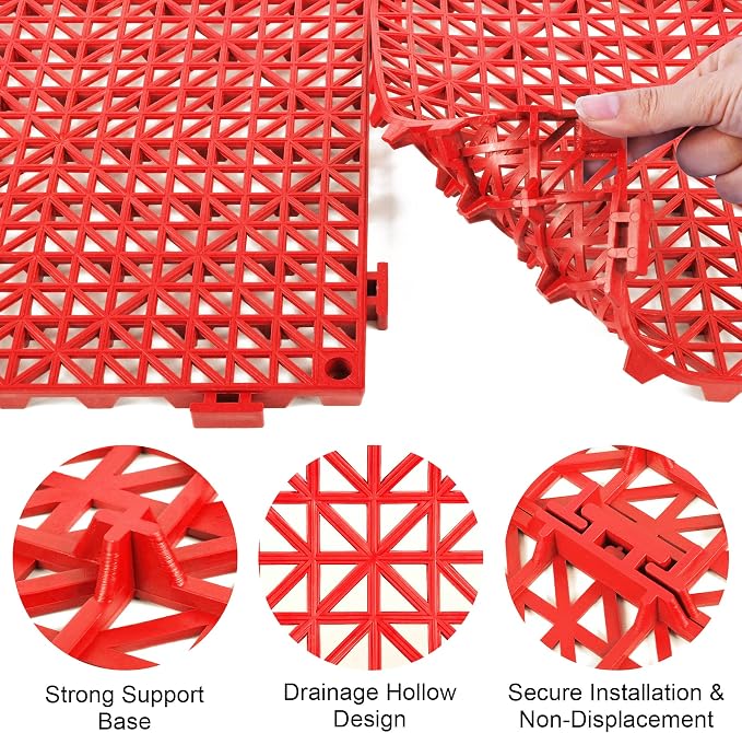 MYFAMIREA Modular Interlocking Cushion 12 Pack 11.8" x 11.8" Rubber Floor Tiles Non-Slip Splicing Drainage Mats for Deck, Pool, Outdoor Shower, Patio, Balcony, Indoor Bathroom, Kitchen, Yard (Red)